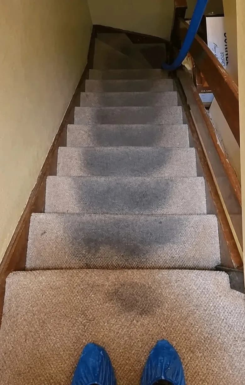 Schodiskový koberec pred tepovaním, so zašliapanými tmavými škvrnami